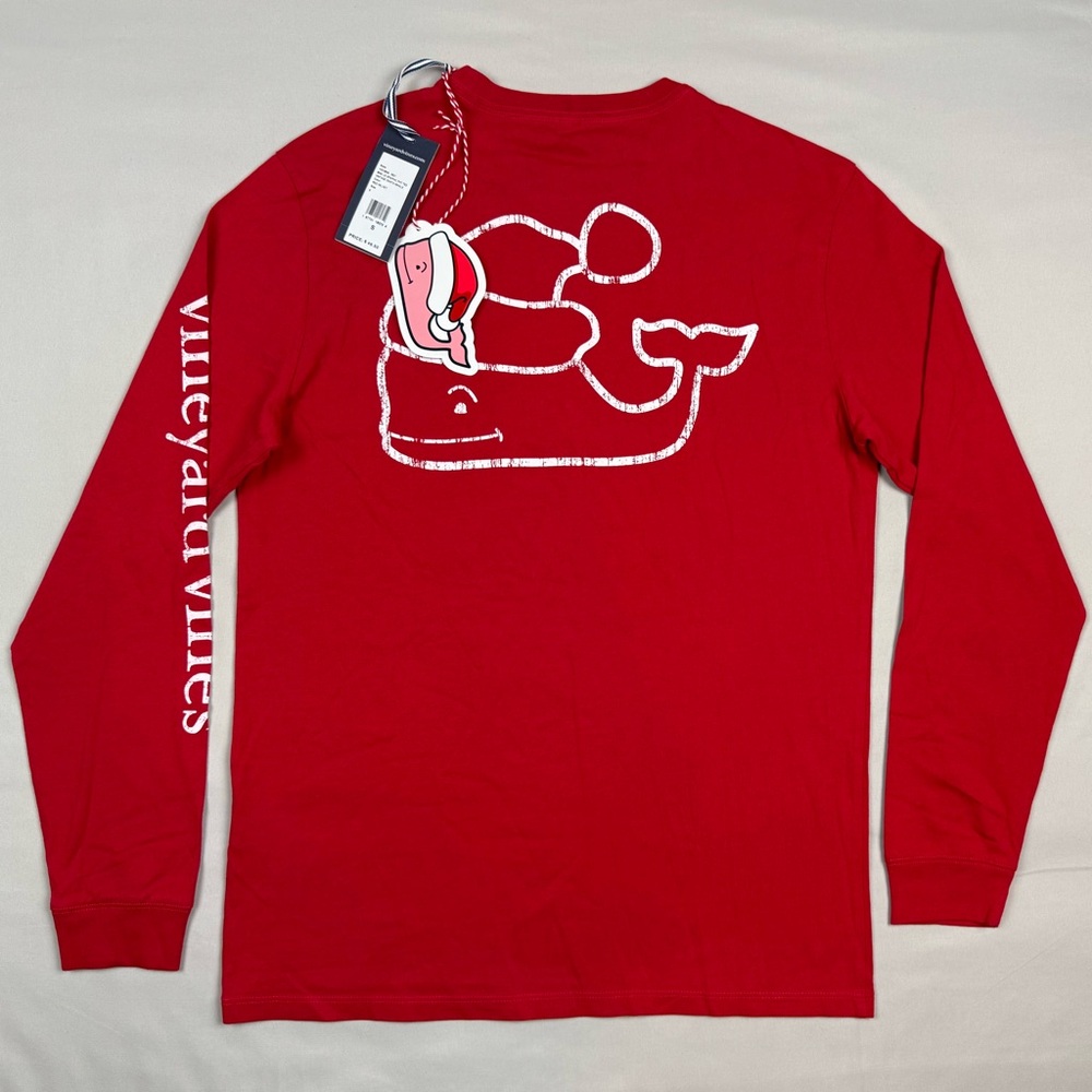 Vineyard Vines Mens Santa Whale Pocket T-Shirt Sz Small Long Sleeve Red A7